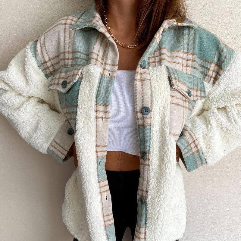 Damen Fleecejacke Karomuster Lässiger Schnitt Grau