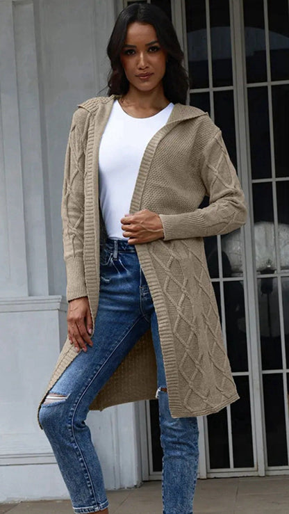 Damen Strickjacke mit Kapuze Zopfmuster Eveloria