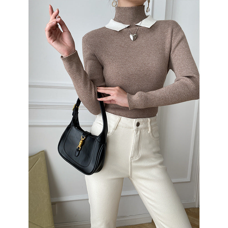 Damen Strickpullover Stehkragen Kontrastkragen Eveloria