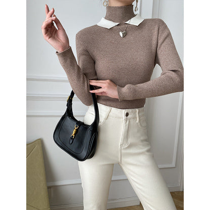 Damen Strickpullover Stehkragen Kontrastkragen Eveloria