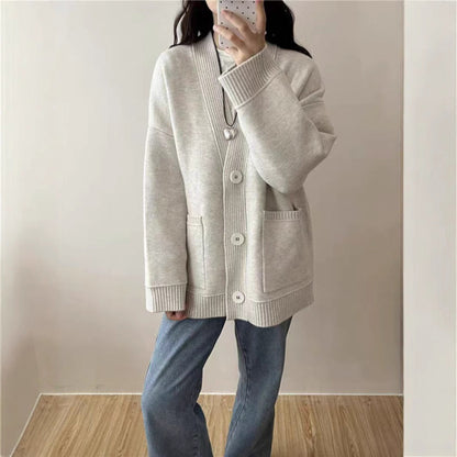 Damen Strickcardigan Lässig Mit Taschen Modern Knöpfe Beige