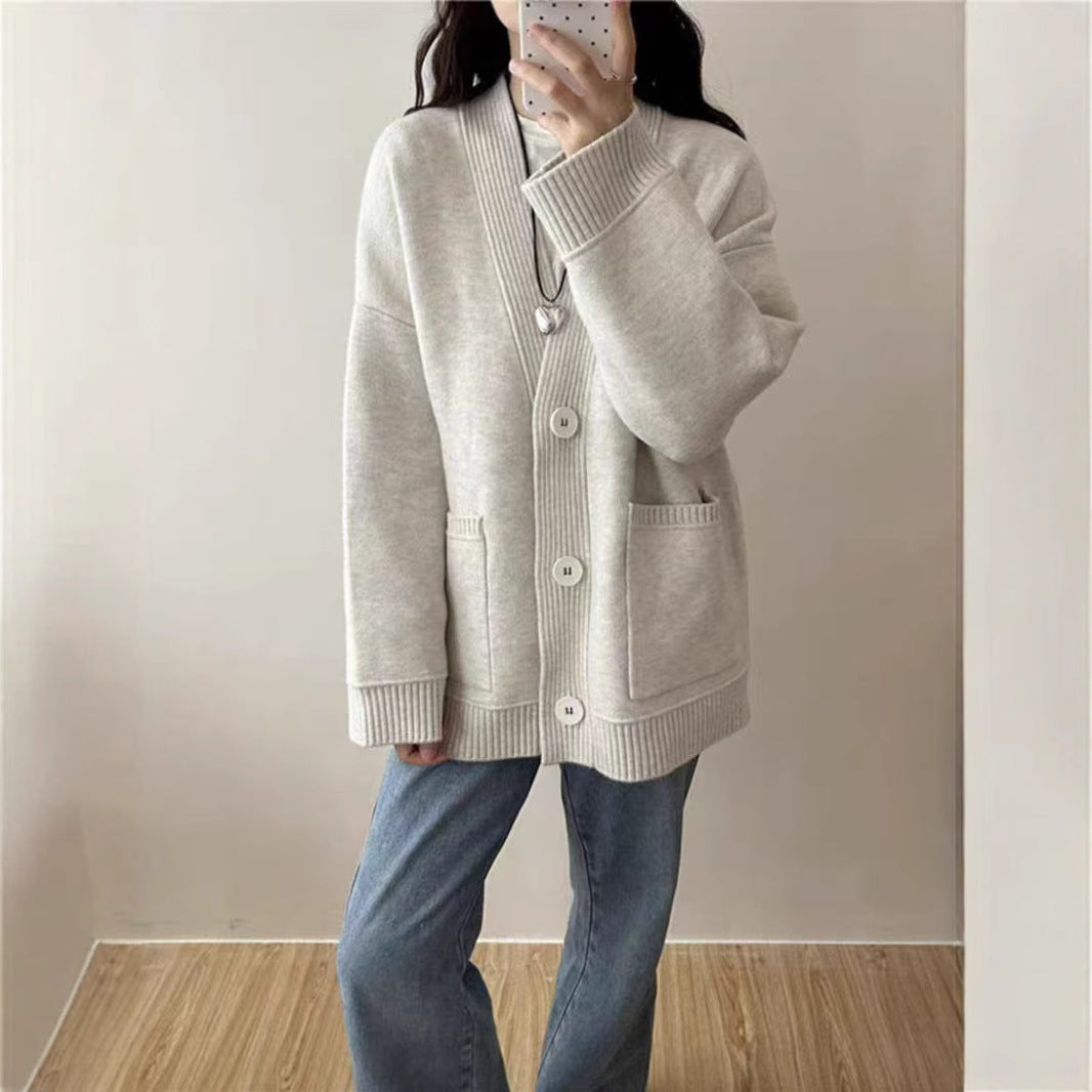 Damen Strickjacke V-Ausschnitt mit Taschen