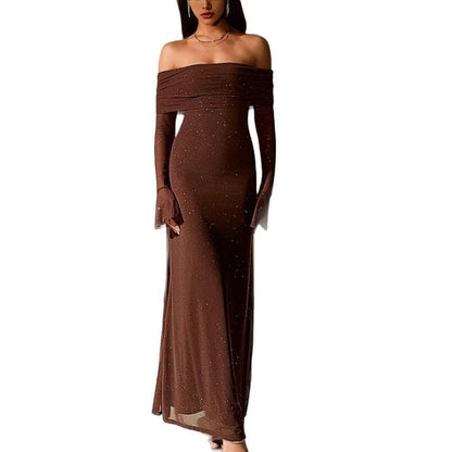 Damen Abendkleid Schulterfrei Paillettenbesatz Figurbetonend