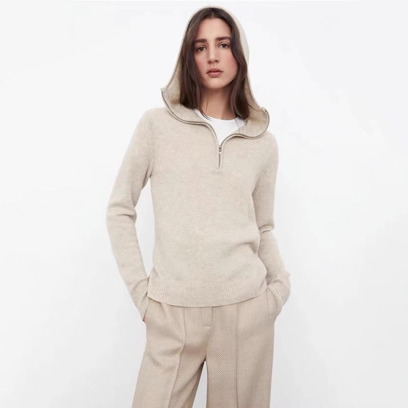 Damen Strickpullover mit Kapuze und Reißverschluss Grau Eveloria - Eveloria