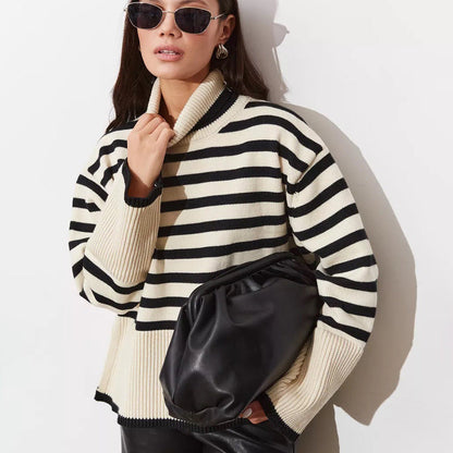 Damen Pullover Grobgestrickt Breton-Streifen Hochkragen Beige