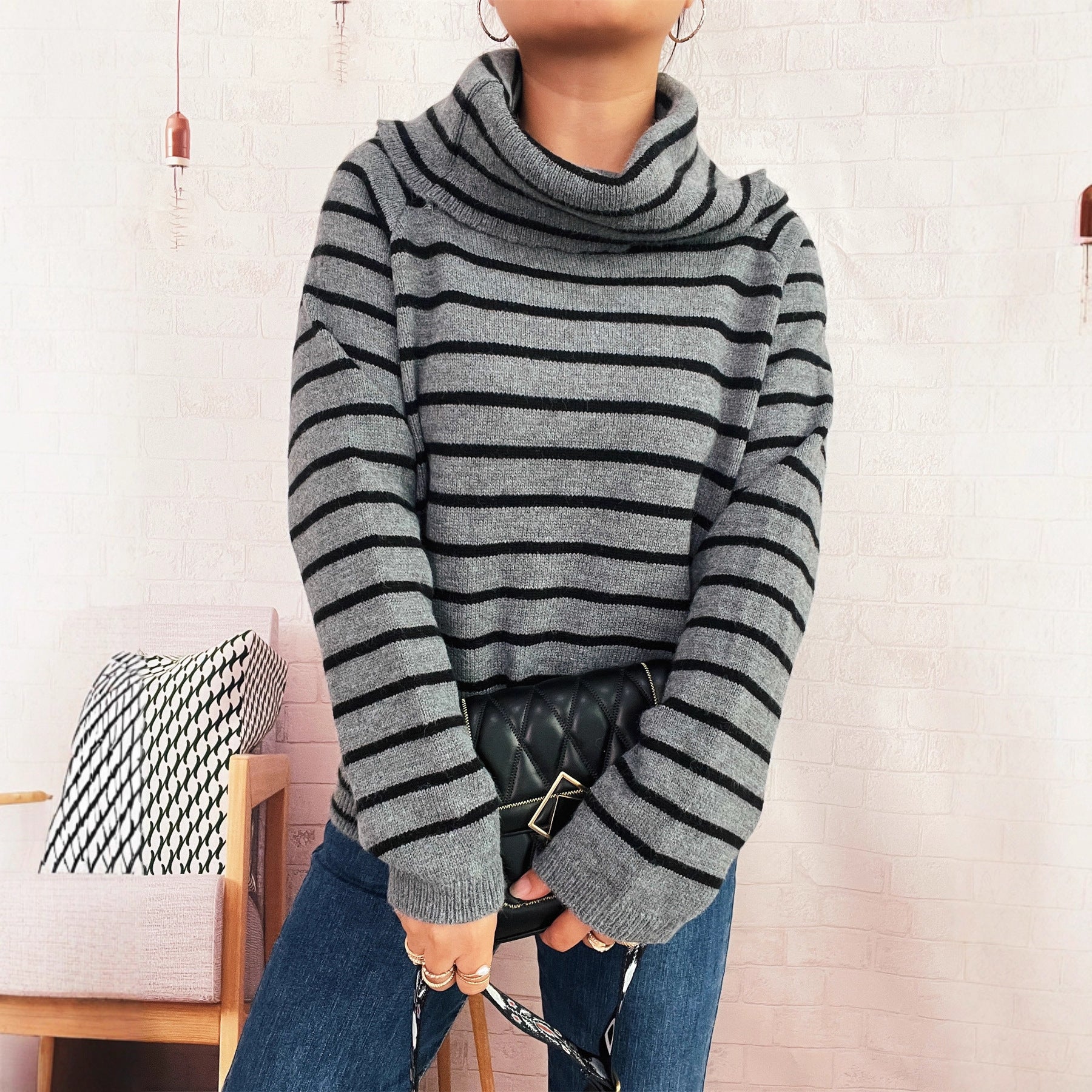 Damen Strickpullover Hochkragen Mit Knöpfen Eveloria - Eveloria