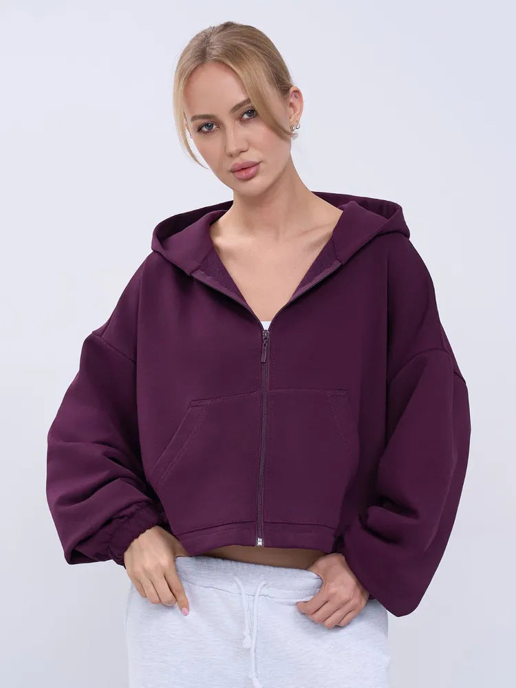 Damen Cropped Kapuzenjacke Reißverschluss Übergroße Ärmel Eveloria