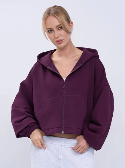 Damen Cropped Kapuzenjacke Reißverschluss Übergroße Ärmel Eveloria