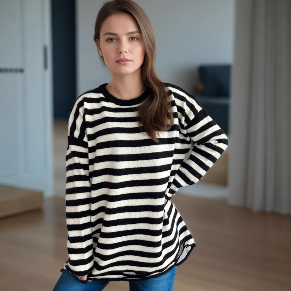 Damen Oversized-Pullover Gestrickt Lässiges Streifenmuster