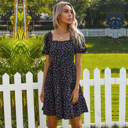 Damen Retro Blümchenkleid Weite Puffärmel Voluminöser Rock