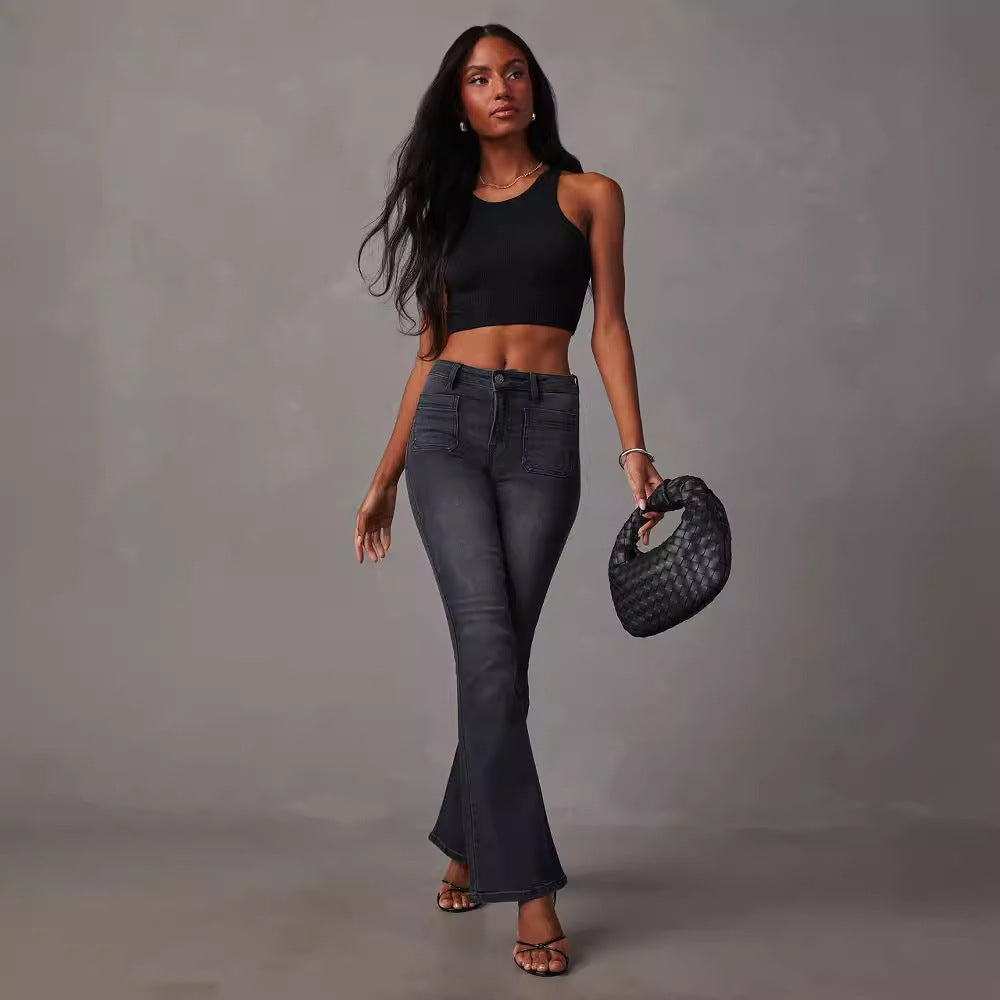 Damen Flared Jeans Hochtaillierte Stretch Blau Eveloria