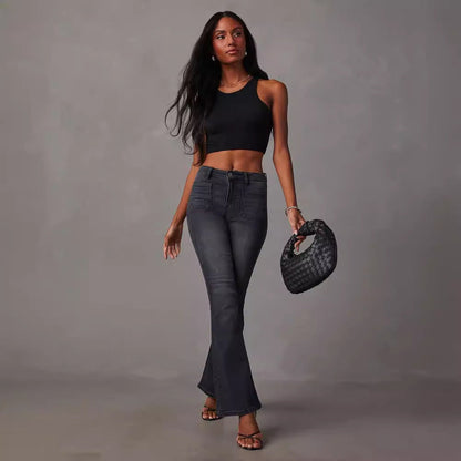 Damen Flared Jeans Hochtaillierte Stretch Blau Eveloria