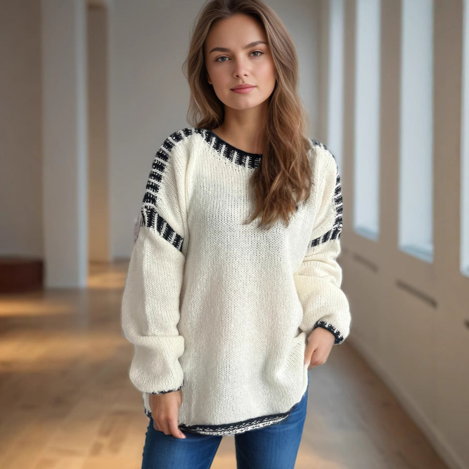 Damen Grobstrickpullover Lässiger Schnitt Gestreifte Ärmel