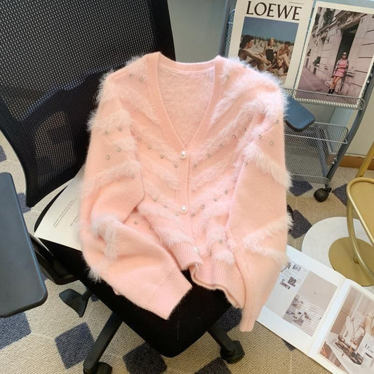 Damen Flauschcardigan mit Perlen Eveloria - Eveloria