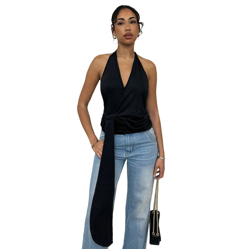 Damen Wickel- V-Ausschnitt Binde-Details Elegantes Oberteil