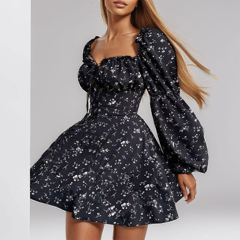 Damen Minikleid Voluminöse Puffärmel Bindedetail