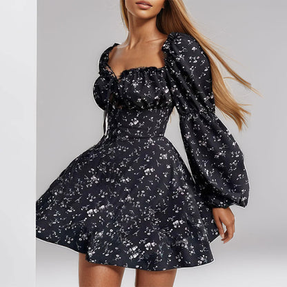 Damen Blumenkleid Puffärmel V-Ausschnitt Eveloria