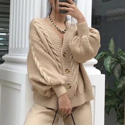 Damen Strickjacke V-Ausschnitt Großknöpfe Eveloria