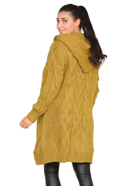Damen Strickmantel Kapuze Strukturiertes Zopfmuster Eveloria
