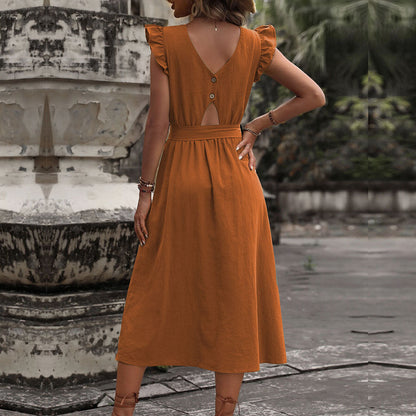 Damen Maxikleid V-Ausschnitt Taillengürtel Eveloria