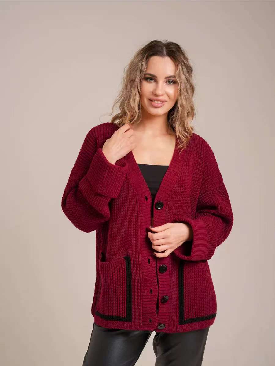 Damen Strickjacke Knöpfe Taschen Beige