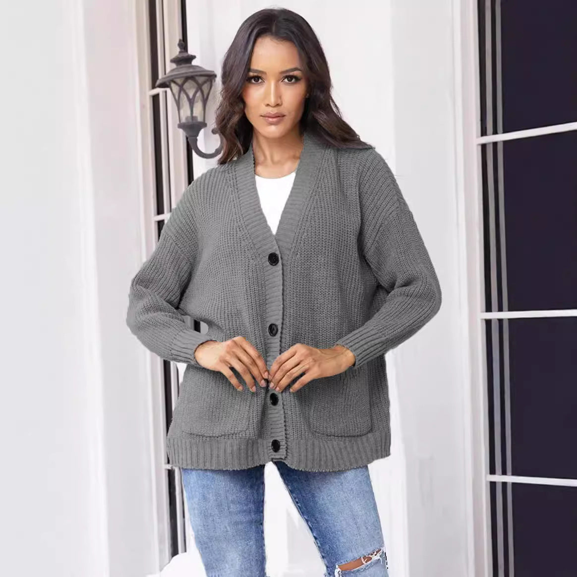 Damen Cardigan Grobstrick mit großen Taschen V-Ausschnitt Beige