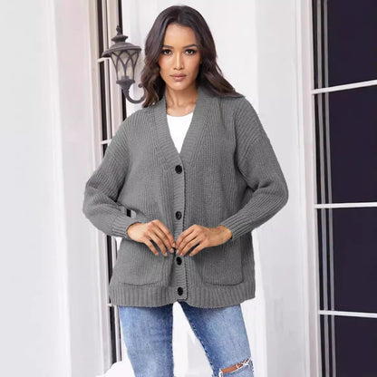 Damen Cardigan Grobstrick mit großen Taschen V-Ausschnitt Beige