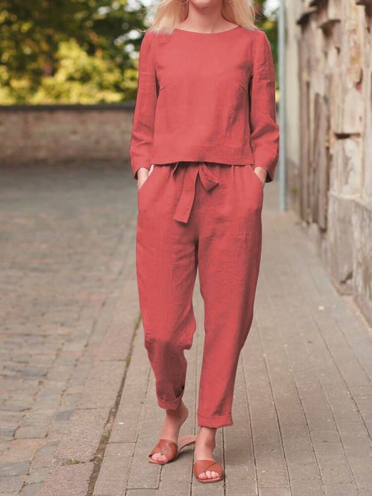 Damen Leinen-Set Zweiteilig mit Oberteil und Hose Beige
