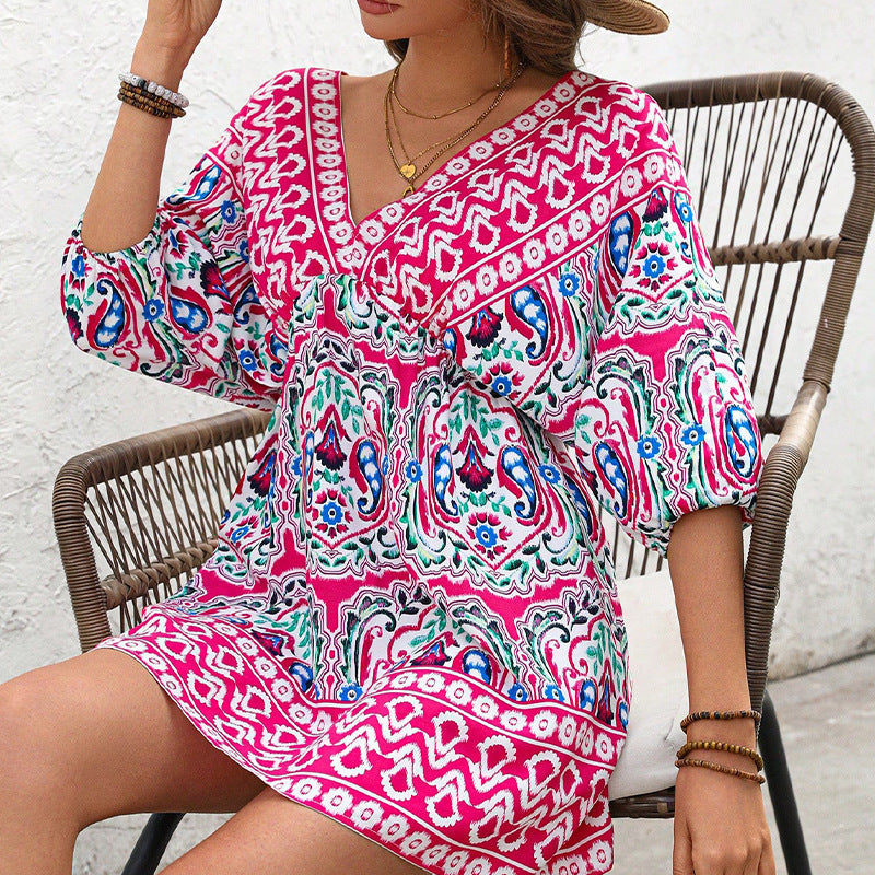 Damen Boho Kleid Weite Ärmel Florale Muster Eveloria