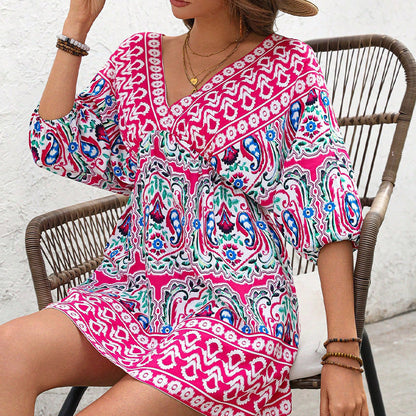 Damen Boho Kleid Weite Ärmel Florale Muster Eveloria
