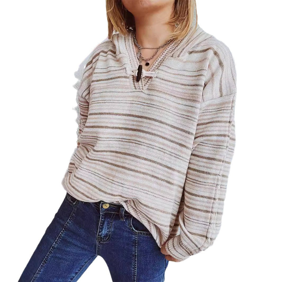 Damen Hoodie Streifen Breite Ärmel Kordelzug Weiss