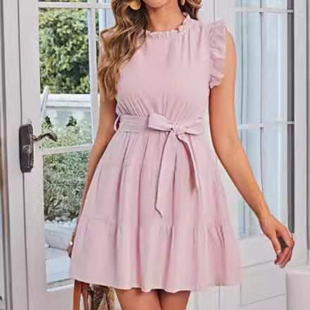 Damen Halbarmkleid Rüschendetails Taillenknoten Eveloria - Eveloria