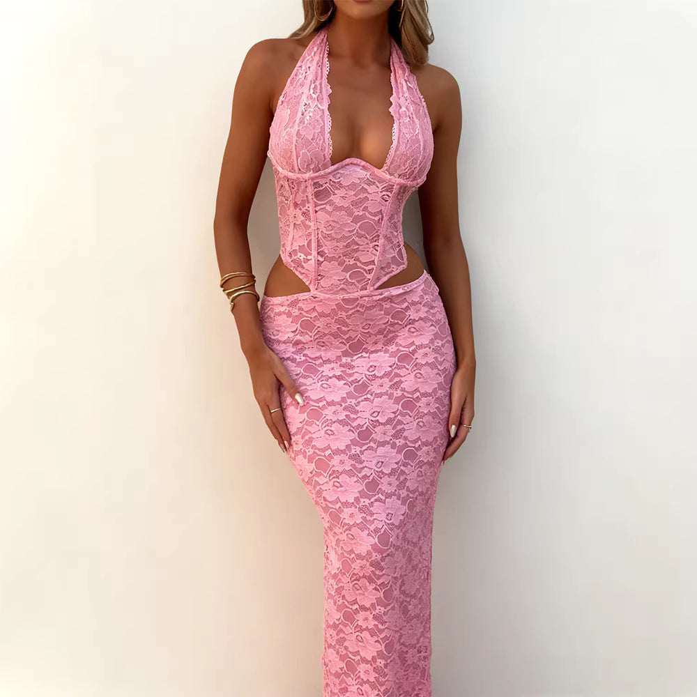 Damen Abendkleid Spitze Lang Ausschnitt