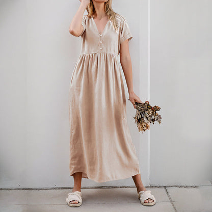 Damen Maxikleid V-Ausschnitt Dekorative Knöpfe Eveloria - Eveloria