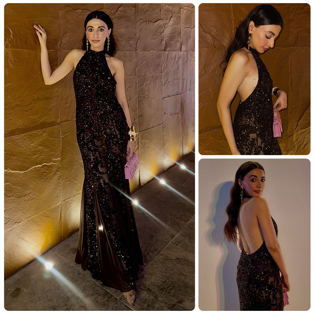 Damen Abendkleid Paillettenbesatz Halterneck Schwarz Eveloria - Eveloria
