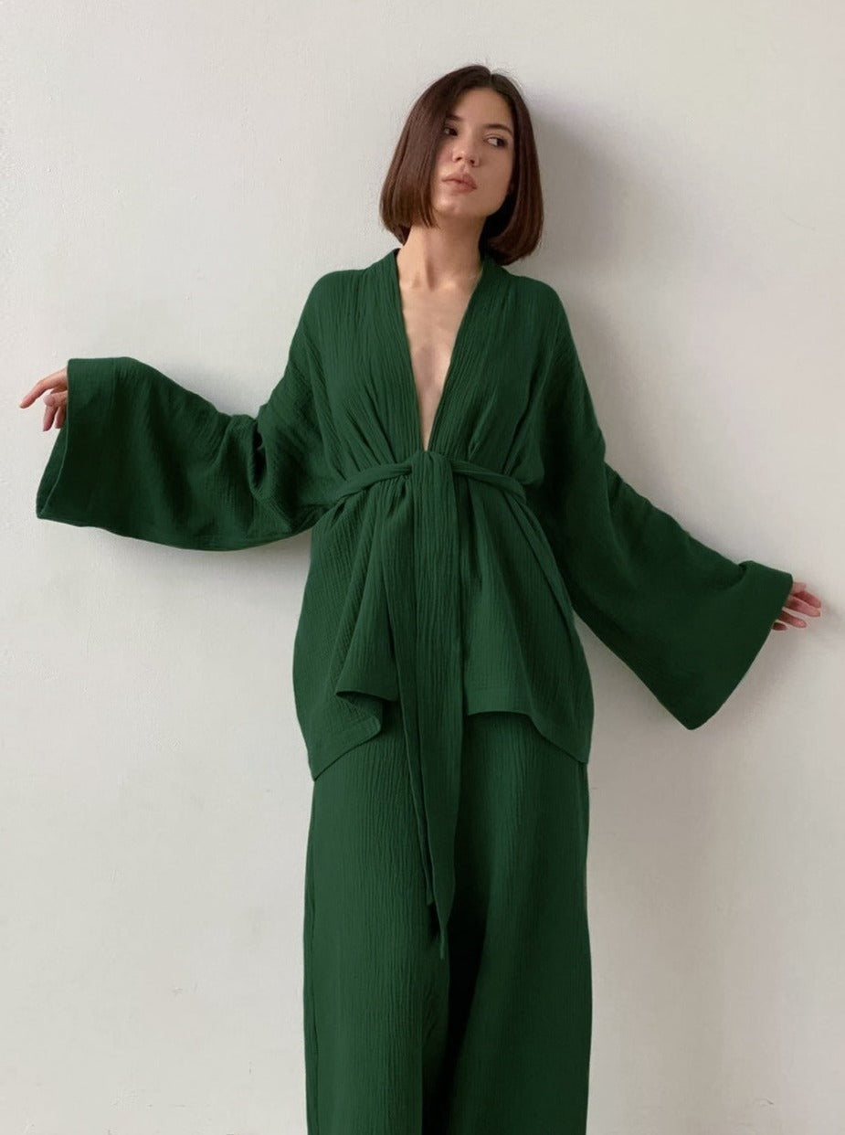 Eveloria Damen Zweiteiler Grün Crêpe Langarm Hose
