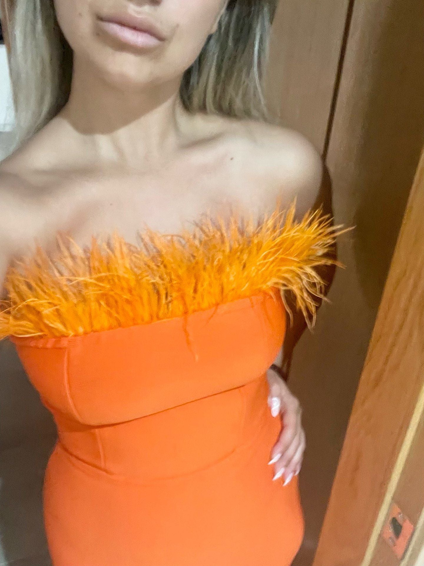 Damen Cocktailkleid Federn Ausschnitt Figurbetont Eveloria