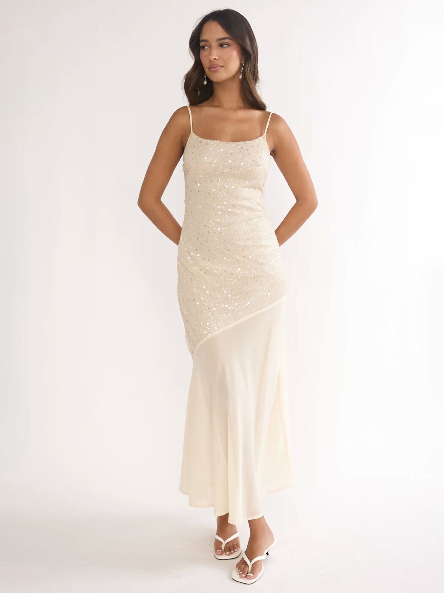 Damen Maxikleid Glitzernd Transparent Asymmetrisch