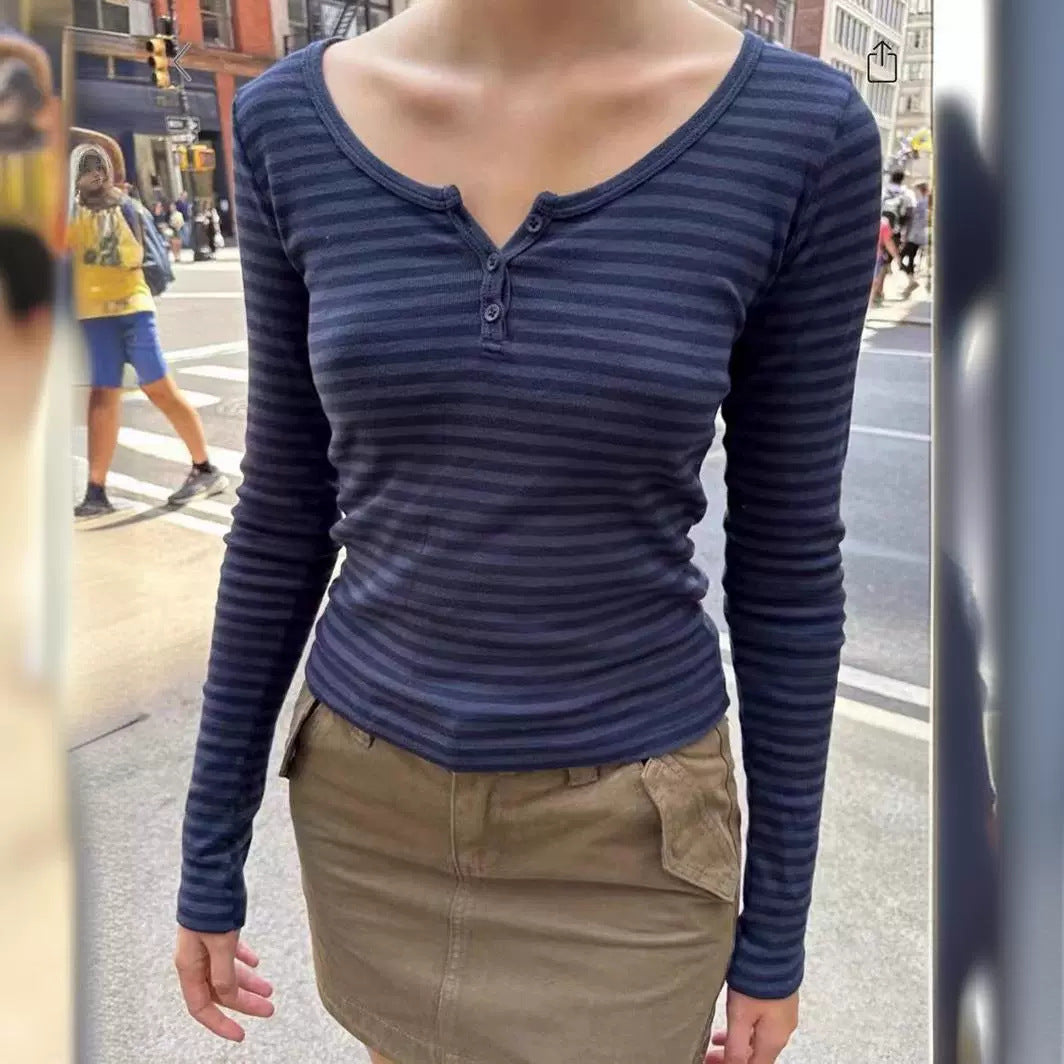Damen Langarm Henley-Shirt Feinestreifen Eveloria