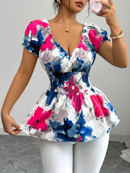 Damen Bluse Elastisch Floral Weiße Rüschen