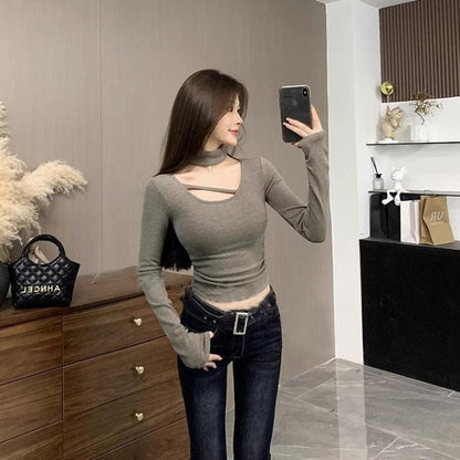 Damen Oberteil Langarm Cut-Out Halsausschnitt Höher Kragen