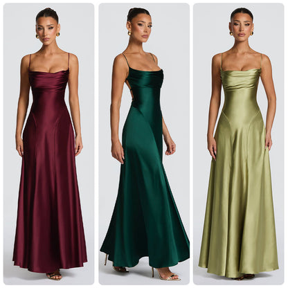 Damen Maxikleid Satin Spaghetti-Träger Eleganz Schwarz - Eveloria