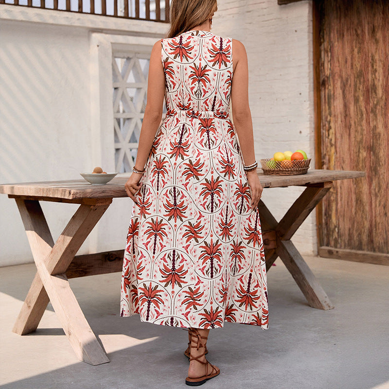 Damen Maxikleid Tropisches Musterdruck Taillierbarer Gürtel