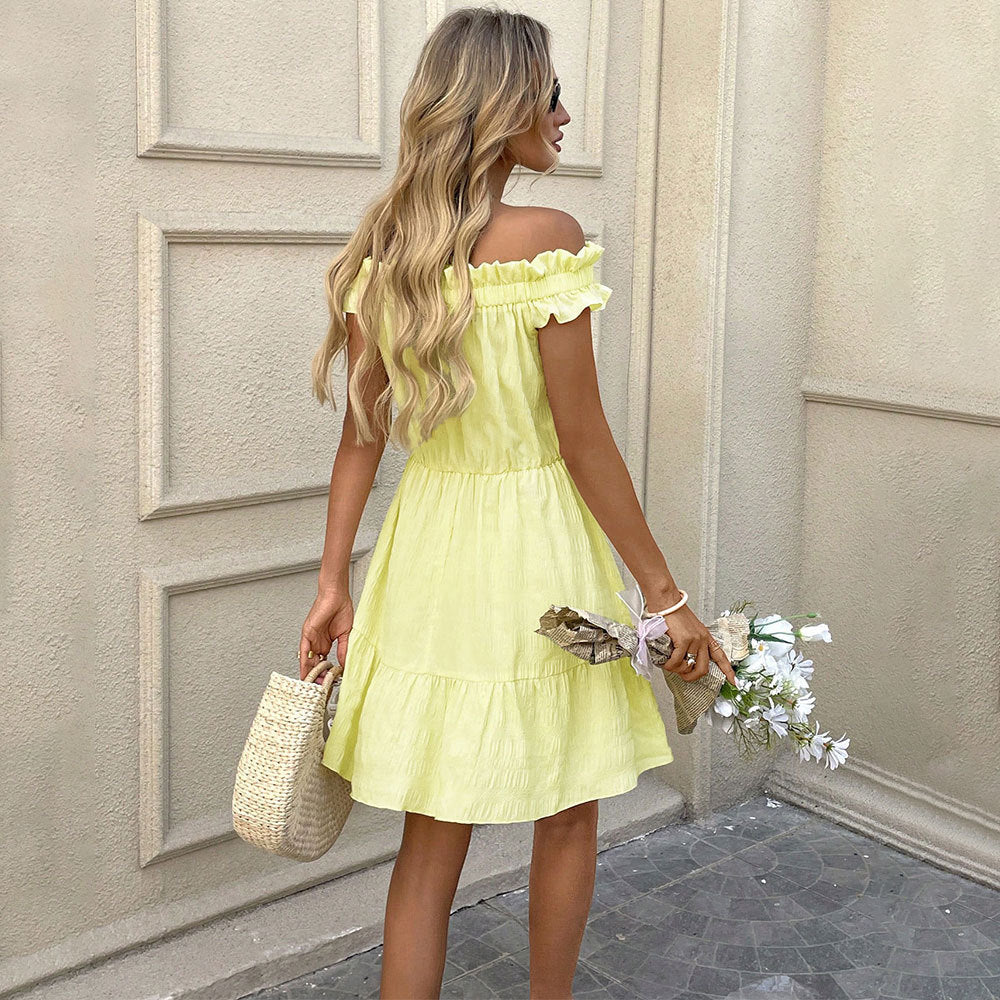 Damen Sommerkleid Kurz Rüschensaum Schulterfrei