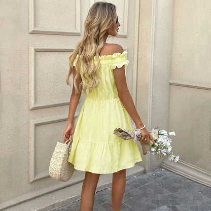 Damen Sommerkleid Kurz Rüschensaum Schulterfrei