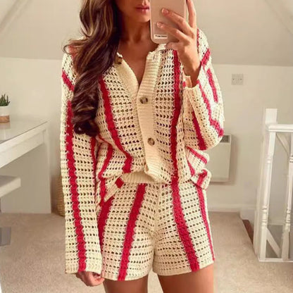 Damen Strickjacke Offene Maschenstruktur Streifenmuster Eveloria