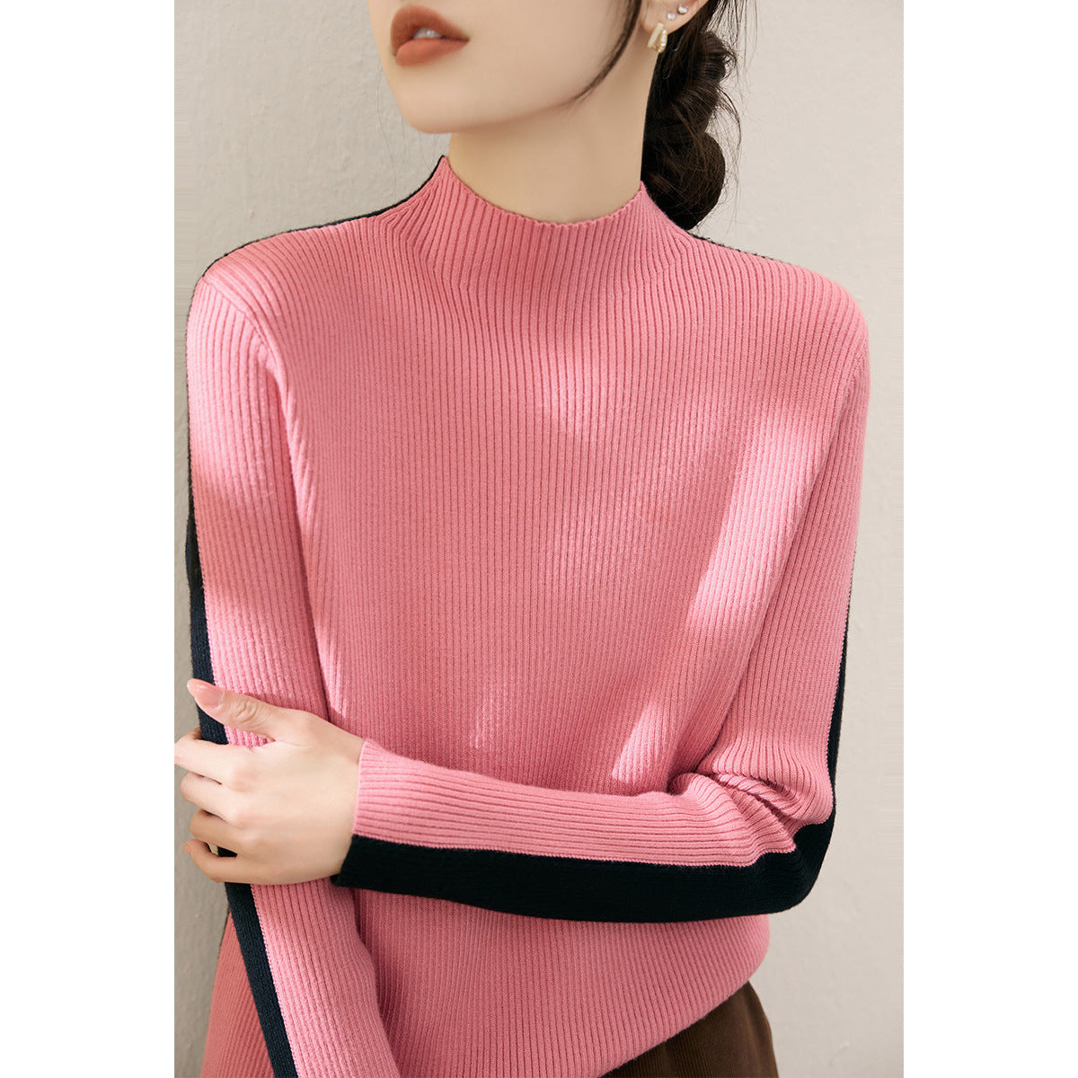 Damen Rollkragenpullover Strukturiertes Rippdesign Kontrastärmel Grau