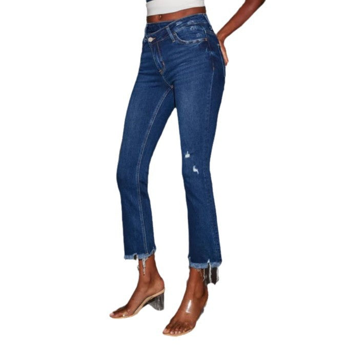 Damen Flared Jeans Destroyed Effekt Fransen Saum