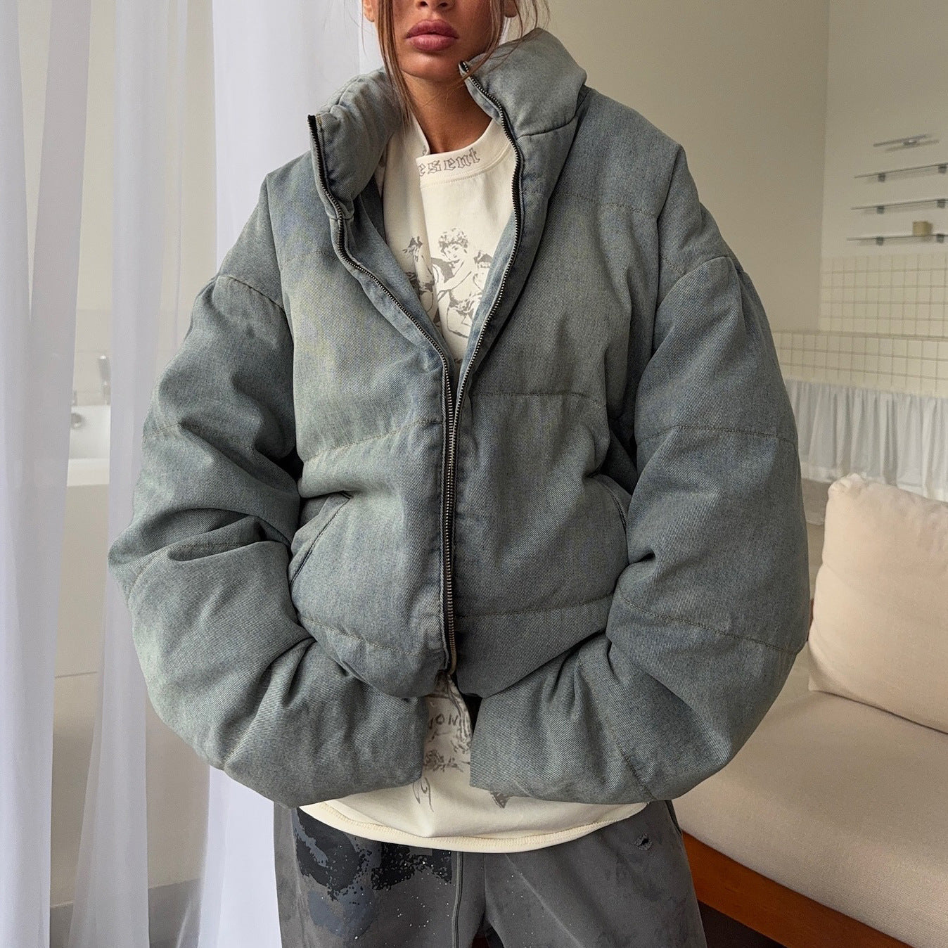 Damen Oversized Steppjacke Hochkragen Eveloria