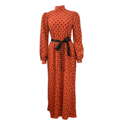 Damen Maxikleid Stehkragen Taillengürtel Elegant